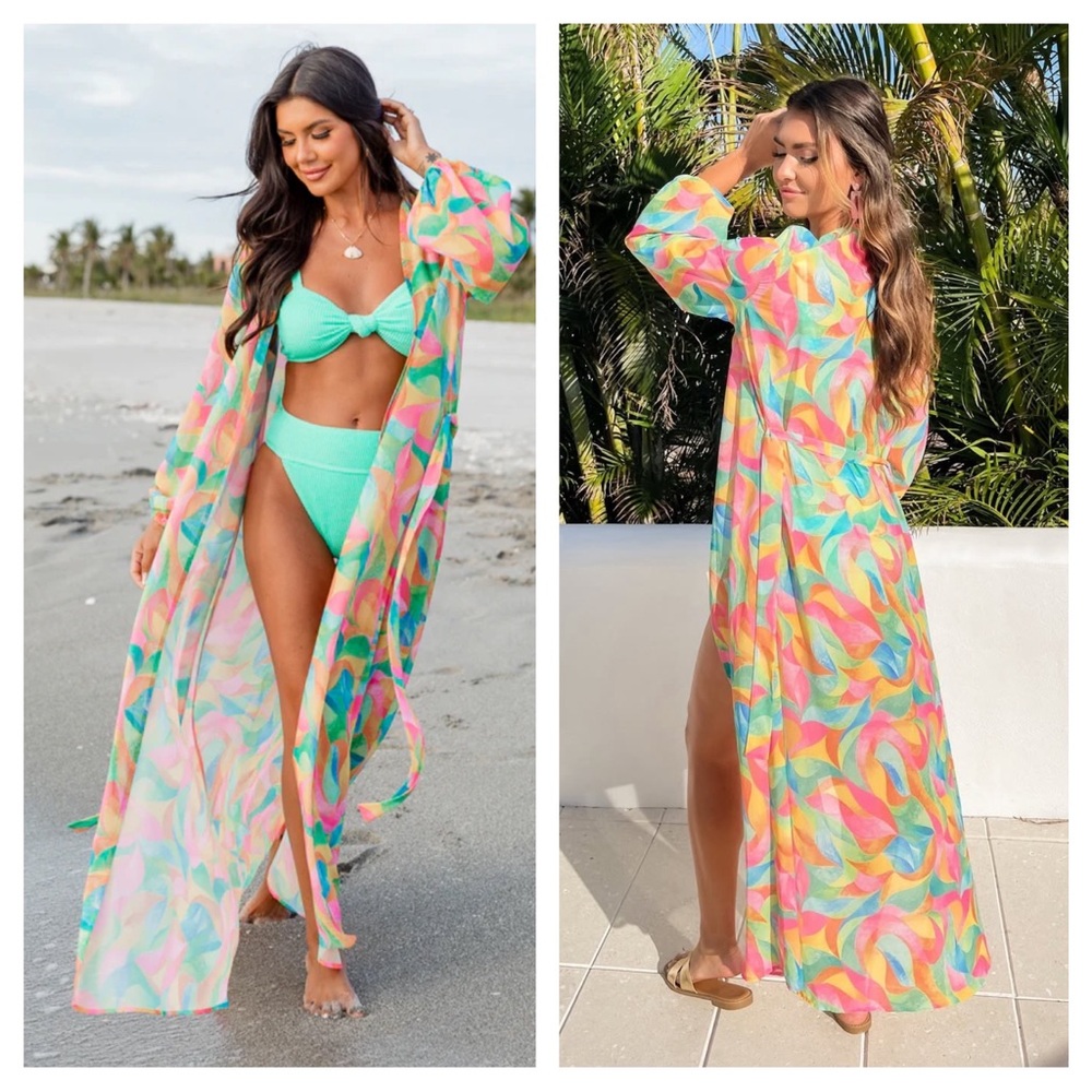 Pink Lily Kaleidoscope Belted Long Kimono Poolside Vibrant Colorful Size Large